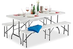 Relaxdays Set 3x Meubles 1 Table & 2 Bancs Pliants, Uni, Jardin Barbecue HLP 74x180x74,5cm, Blanc