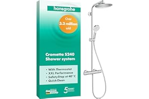 hansgrohe Crometta S - Colonne de douche avec mitigeur thermostatique, douche pluie 240 mm avec robinet, douchette, support, flexible de douche, barre et douche de tête ronde 1 jet, Chromé, 27267000