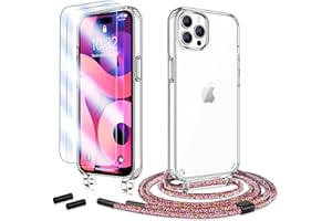 Anshow Handykette für iPhone 15 Pro Hülle mit Band + 2 Schutzfolie, Robust Necklace Extrem Stoßfest Handyhülle iPhone 15 Pro Case Transparent Schutzhülle zum Umhängeband Abnehmbar, Regenbogen