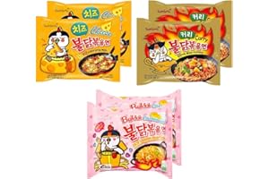 KOREAN MARKET Samyang - Ramen Coreano instantáneo Buldak de Queso, de Curry y de Carbonara. (Pack de 6 uds.)