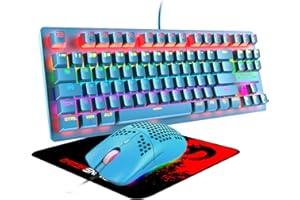 FELiCON K2 Ratón de Teclado Mecánico para Juegos TKL Compacto 80% 21 Arcoíris RGB Retroiluminados USB con Cable+Ratón Ultraligero 6400 dpi 6 Botones+Mouse Pads para PS4 PC Mac-Azul/Interruptor Azul