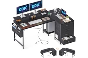 ODK Corner Desk with Drawers, L Shaped Computer Desk 140x80cm with USB Charging Port & Power Outlet, Home Office Desk with Monitor Stand and PC Stand, Gaming Desks Workstations, Black