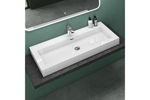 Mai & Mai Vasque à poser lavabo suspendu blanc 100cm résine rectangulaire avec perçage pour robinet lave mains avec trop-plein Col818 100x48x10cm