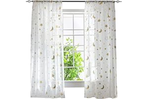 ‎ESLIR ESLIR Gardinen mit Tunnelzug Transparente Vorhänge Voile Fensterschal Modern Mond und Sterne Muster Wohnzimmer Kinderzimmer 1 Stück BxH 140x145cm Gold