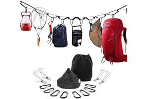 KARLOR Camping Lanyard Washing Line, 4.3M Nylon Rope with 19 Loops, 8 Carabiners & 4 Hooks, Survival Kit for Travel, Hiking, Picnic
