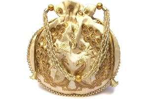 GULAAL ART Indian Handmade Flower Embroidered Olive green Cotton Potli Bag Clutch Purse Pouch Drawstring Bag For Women's Wedding Gift