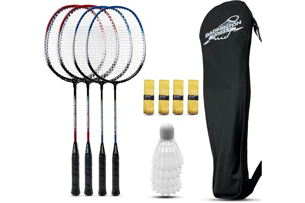 Magicorange Lot de 4 raquettes de badminton pour jeux en plein air, y compris 4 raquettes, 4 volants, 4 bandes antidérapantes de rechange et 1 sac de transport