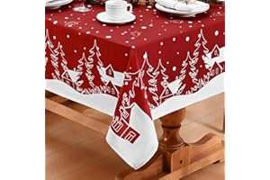 Alishomtll Christmas Red White Tablecloth, Washable Waterproof Wipe Clean Rectangular Table Cloth, Cartoon House Elk Table Cover for Winter Holiday Dinner Decor 55x79in/140x200 cm