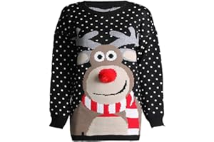 Loxdonz Kids Girls Unisex Rudolph Print 3D Nose Pom Pom Christmas Jumper Knitted Xmas Sweater Pullover