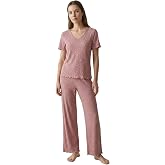 elemge Kadın Bambulu Mevsimlik Pijama Takımı G&uuml;l Kurusu Regular Fit Alt &Uuml;st Takım Kısa Kol Lastikli Esnek V Yaka 2'li Takım C