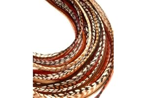 Feather Lily Hair Feathers Kit, 20 Real Rooster Boho Soft Natural Feather Extensions, Brown Black White, 8-11 inches, Microlink Installation, Curly Style