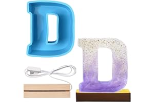 COLEESON Molde grande de resina epoxi del alfabeto, Moldes de Resina Epoxi con Letras, Con portalámparas de madera, para la decoración de bricolaje,D