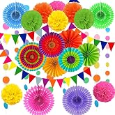 DOJoykey 21 Pcs Party Decoration Set Hanging Paper Fans Pom Poms Flowers Paper Bunting and Polka Dot String for Wedding Party