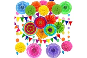 DOJoykey 21 Pcs Party Decoration Set, Hanging Paper Fans, Pom Pom Flowers, Paper Bunting Flags and Polka Dot String for Mother‘s Day Birthday, Wedding, Baby Shower, Fiesta Party Decoration