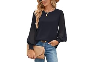 Odosalii Damen Bluse Chiffon Plissee Laternenärmel Langarm Elegant Rundhalls Oberteile Locker Doppelschicht Tunika Tops