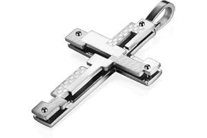 Flongo Edelstahl Anhänger Halskette Kette Schwarz Silber Gold Golden Kariert Karo Kreuz Kruzifix Rosenkranz Herr Gebet Klassiker Herren Accessoires, mit 65cm Königskette