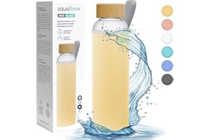Aquafloow Flacons d'eau Transparents, Brosilicate Étui en Néoprène 700 ml, Bouteille d'eau en Verre avec Couvercle en Bambou, Sans BPA | Idéale pour Le Bureau, L'école, La Maison – Jaune