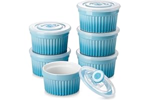 vancasso Ramequins avec Couvercles Lot, 6 X 200 ML Ramequins et Moules à Soufflés en Porcelaine, Ramequin Creme Brulee pour Muffin et Gâteau, Ramequin Four à Crème, Sauce, Fruit, Ø9.5 CM - Bleu