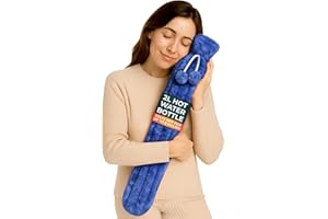 VOLILA Long Hot Water Bottle for Back Ache and Pain Relief - 2L Soft Faux Fur Covered Hot Water Bottle with Blue Cover and 2 Hanging Pom Poms - 72cm Luxury, Soft and Washable Hot Water Bag (1 Pack)