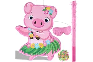 Piñatas de Petit Cochon Décorations de Fête Hawaïennes Pinata Cochon Rose avec Confettis Bâton Bandeau pour Enfants Filles Garçons Été Hawaii Fête d'Anniversaire, 16,5 x 12,4 x 3,1 Pouces