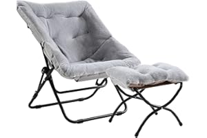 SESHINELL Comfy Saucer Chair with Ottoman, Oversized Foldable Faux Fur Lounge Chair Set Reading Chair with Metal Frame Moon Lazy Chair Accent Chair for Bedroom, Living Room, Dorm Rooms, Grey