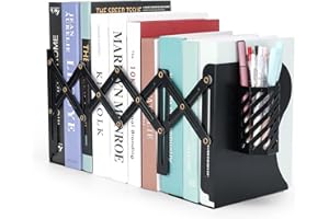 Hmseng Verstellbare Buchstütze, Metall Buchstützen, ausziehbar bis zu 48,3 cm, Erweiterbare Zeitschriftenordner für Schreibtisch,Regal, Büro, Schreibwaren-Schwarz