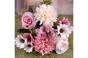 KARLOR Pink Artificial Flowers Roses Bouquet Hydrangea Dahlias Daisies Artificial Plants Flowers Decoration Flower Arrangements Wedding Artificial Flowers Like Real Home Table Decoration (10 Flower