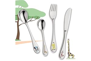 Koru Kids® Safari sztućce dla dzieci – ze stali nierdzewnej – 4-częściowy zestaw sztućców dla dzieci – prezent na chrzest – nadaje się do mycia w zmywarce – prezent na chrzest dla dziewczynek i chłopców
