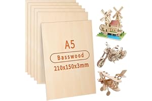 ddckj 210x150mm Basswood Sheets 3mm Plywood Sheets 6Pcs A5 Thin Wood Sheets for Crafts DIY Model Making Engraving Painting Laser Projects Wood Burning
