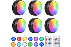 SGIZOKU Under Cabinet Kitchen Light Battery Power Puck Lights with Remote Control & Timer,Adjustable Brightness RGB Wireless LED Cupboard Lamp Stick on Lights for Closet Wardrobe Wall,6 Pack