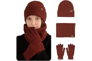 MARUKO Hat Scarf Gloves Set Women's Beanie Hat Scarf and Thermal Touch Screen Gloves Set 3 PCS Soft Warm Winter Knitted Pom Cap Set for Ladie