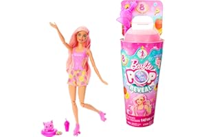 Lalka Barbie Pop Reveal z serii Fruit, motyw truskawkowej lemoniady z 8 niespodziankami, w tym zwierzątka i akcesoria, śluz, zmiana zapachu i koloru HNW41