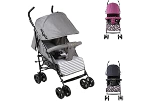 SAYOYO Foldable Buggy for 6 Months up to 15 kg, Lightweight Travel Pram with Adjustable Backrest, Extended Sun Canopy, 5-Point Harness & Large Shopping Basket, Grey