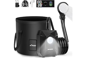 WADEO Ducha de Camping con batería, Bomba e iluminación, 120 Minutos de autonomía, Set de Ducha móvil con Manguera de 2 m y Cubo de Ducha para el jardín, Lavado de Coches, Mascotas, Playa y Viajes