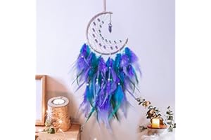 Dremisland Księżyc, łapacz snów, ręcznie robiony, niebieskie pióra, w stylu boho, makrama, ozdoba ścienna, turkusowa zawieszka, ozdoba na Boże Narodzenie, łapacz snów, dekoracja ścienna, prezent, bez