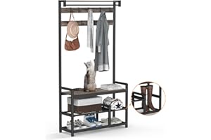 Mr IRONSTONE Coat Rack Stand with Shoe Storage for Hallway Heavy Duty Hall Tree with Bench Free Standing Wooden Shoe and Coat Rack with Shelf and Hooks