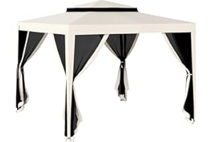 Outsunny Carpa de Jardín 3x3 m Cenador Desmontable de Exterior Gazebo con 4 Mosquiteras Laterales Techo Doble y Marco Metálico Anti-UV Impermeable Pabellón para Terraza Patio Crema