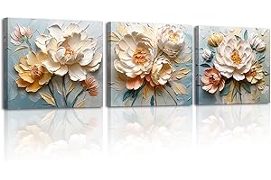 PIY PAINTING 3 Pezzi Floreale Artistico Quadro Moderno Soggiorno Fiori Bianchi e Gialli Immagini Pittura Decorazione Canvas Quadretti Da Parete Stampe Su Tela Camera Da Letto Con Cornice 30×30cm