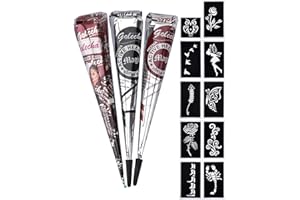 eLander 3x Henna Tattoo Temporäre Tattoo Natürliche + 10x Henna Tattoo Schablone,Temporäre Mehndi Tattoos, Natürliche Kegel, Tattoo sticker, Temporäre Tätowierung (Schwarz, Braun, Rotbraun)