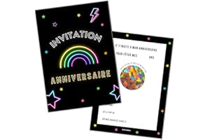 STUDIO MANALI 12 cartes invitation anniversaire à gratter enfant fille et garçon - 12 enveloppes - 12 stickers - theme NEON