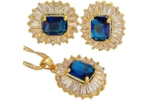RIZILIA Jewellery Set Pendant with 18" Chain & Stud Earrings Rectangular Cut Gemstones CZ [5 Colours Available] in 18K Yellow Gold Plated, Simple Modern Elegance