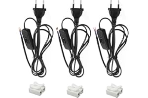 HTTYHT 3 Pack Cables de alimentación con Interruptor 1.8m Cable de conexión con Enchufe, 2 x 0,75 mm², Cables con Interruptor para lámparas, lámparas de Mesa, lámparas de pie (Negro)