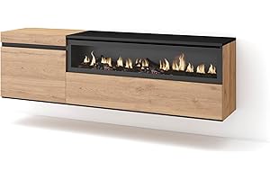 Skraut Home | Mueble TV | Televisión | Muebles de salón, almacenaje | 150x45x35cm | para TV hasta 65" | Chimenea eléctrica | Colgado, Suspendido | Estilo Moderno | Roble y Negro
