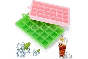 FIOUSY Silicone Ice Cube Tray, Flexible Ice Cube Tray with Removable Lid, 2 PCS of Ice Cube Moulds Set and 24 Ice Cub Per Tray for Whiskey (2 Pack) (Pink+Green)