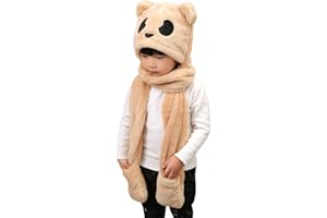 LONTG Cute Kids Boys Girls Hat Scarf Gloves Set Children Winter Warm 3 in 1 Cartoon Plush Panda Hoodie Hat with Mitten Pocket Gloves Earflap Hat Long Scarf Shawl Wraps Birthday Gift, Age 5-9