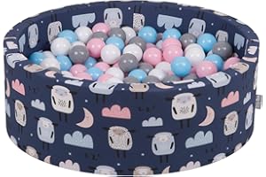 KiddyMoon Piscina di Palline 90X30cm/300 Palline ∅ 7Cm per Bambini Tondo Fabbricato in EU, Pecore-Blu Sc:Bianco/Grigio/Azzurro/Rosa Chiaro