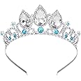 COCIDE Girls Crystal Tiara Silver Birthday Crown Rapunzel Pearl Headband for Women Princess Hairpiece for Kid Rhinestone Blue Gem Hair Accessories for Flower Girls Halloween Cosplay Costume Part