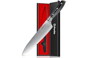 D.Perlla Nóż ze stali damasceńskiej, nóż kuchenny, nóż szefa kuchni, bardzo ostre ostrze 20 cm, rdzeń VG10, 67 warstw stali damasceńskiej, uniwersalny nóż Santoku, ergonomiczny uchwyt z drewna pakka