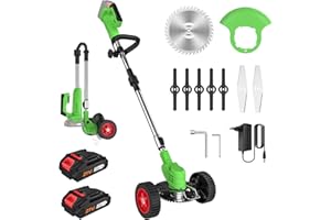 WIWOLER Desbrozadora Bateria 21V, Desbrozadora Electrica con 2 Baterías y 3 Cuchillas, Ruedas Desmontables, Altura Ajustable, Cortacésped de Batería Plegable para Recortar Césped y Arbustos