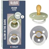 BIBS Colour Glow Pacifier, 0-6 Months, Pack of 2, Sage GLOW/Cloud Glow | Symmetrical Teat | Natural Rubber Latex | Size 1 | B